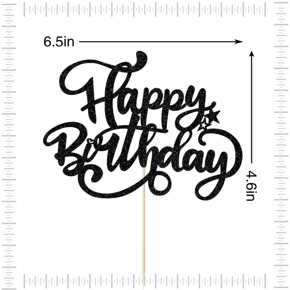 Crseniny Happy Birthday Cake Topper Black Glitter Party Decoration