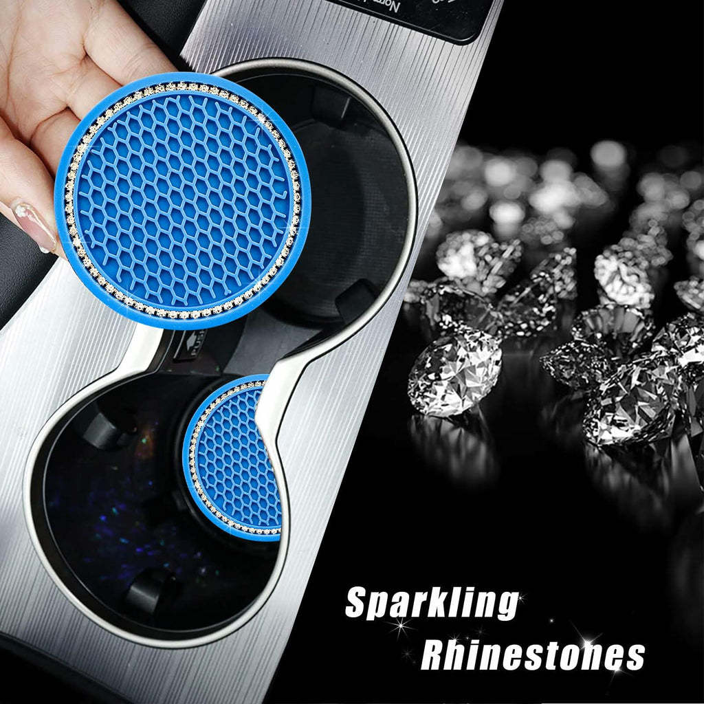 Ohleats 2PCS Car Cup Coaster 2.75" Crystal Rhinestone Silicone Light Blue White