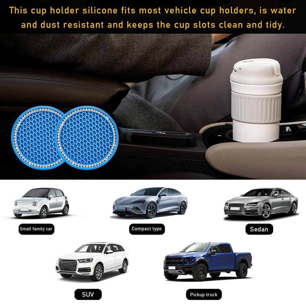 Ohleats 2PCS Car Cup Coaster 2.75" Crystal Rhinestone Silicone Light Blue White