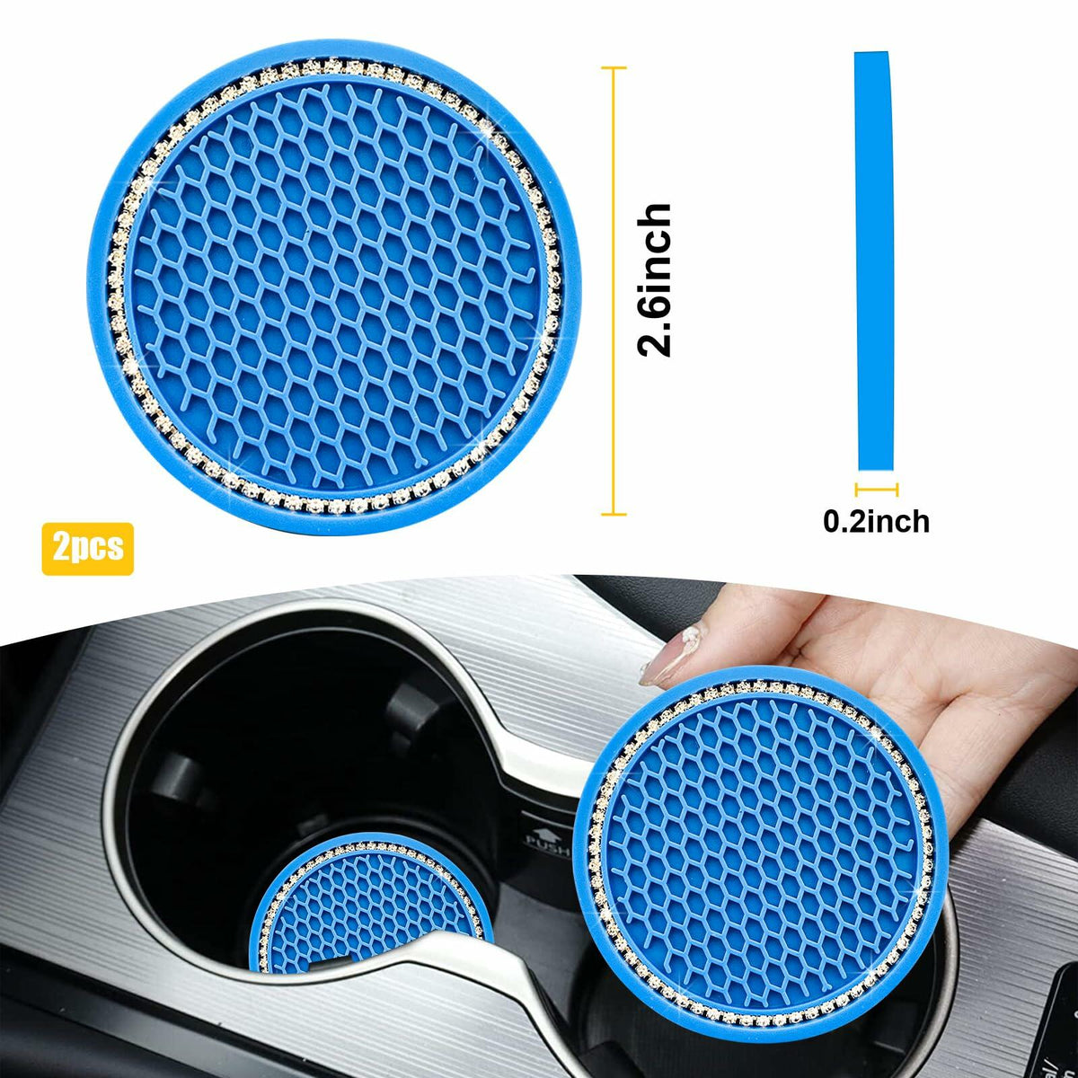 Ohleats 2PCS Car Cup Coaster 2.75" Crystal Rhinestone Silicone Light Blue White