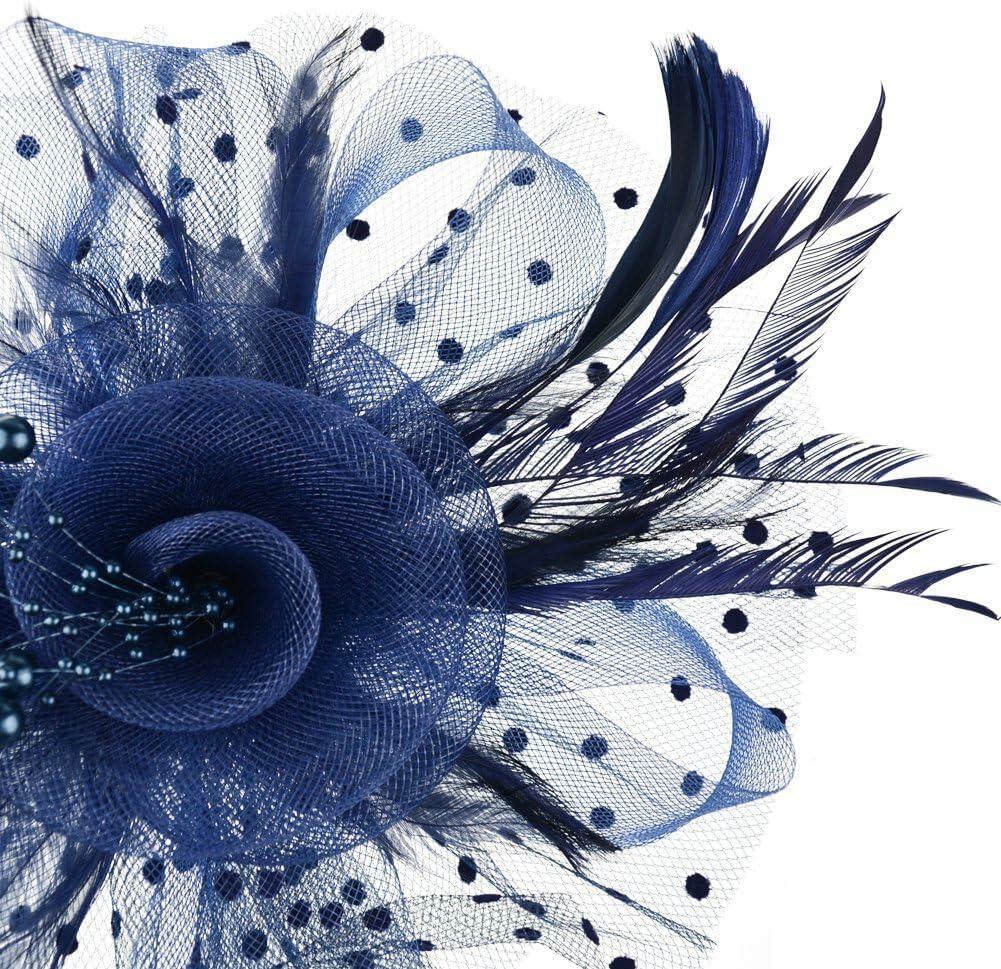 SHUERIET Women Feather Veil Floral Headband Hat Navy