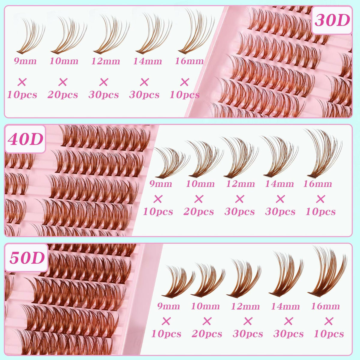 Losha Lash Clusters Wispy Brown D Curl 9-16mm 300pcs
