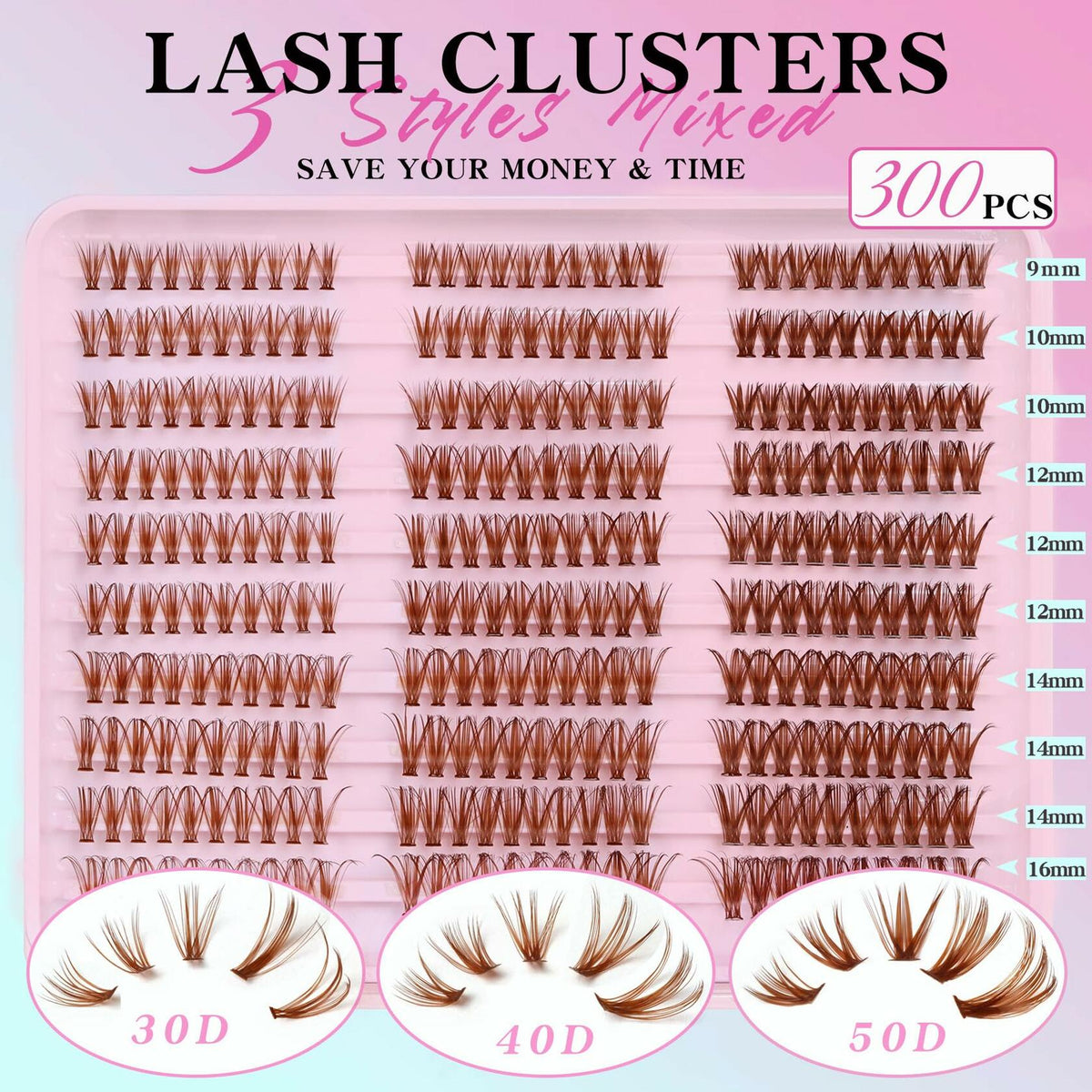 Losha Lash Clusters Wispy Brown D Curl 9-16mm 300pcs