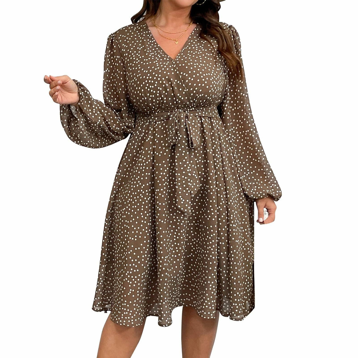 RWJ Plus Size Chiffon V Neck Swiss Dot Belt Dress Long Sleeve Coffee Size Plus