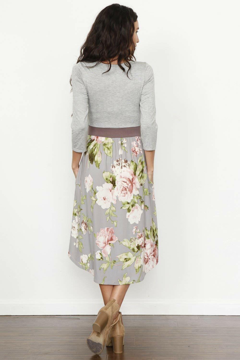 Eloges Women's Floral Midi Dress 3/4 Sleeve Contrast Waistband Grey/Mocha Size S