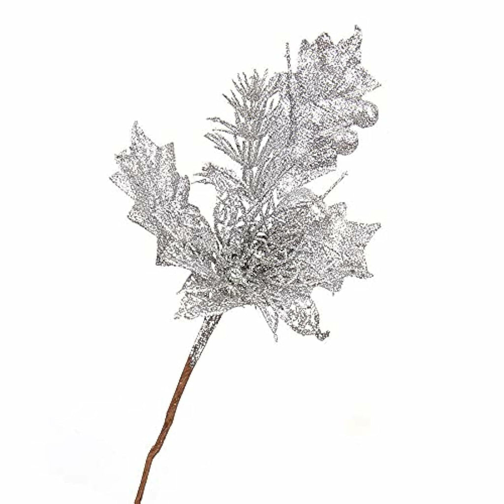 Giga Gud 5pcs 9in Christmas Glitter Berries Stems Silver Holiday Decor