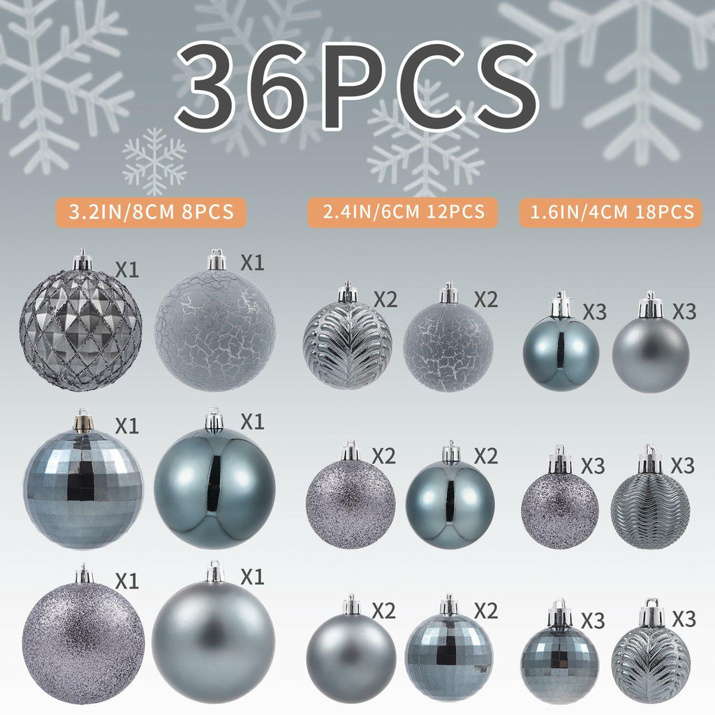 LANGXUN 36pcs Grey Christmas Tree Decorations Balls Shatterproof Ornaments