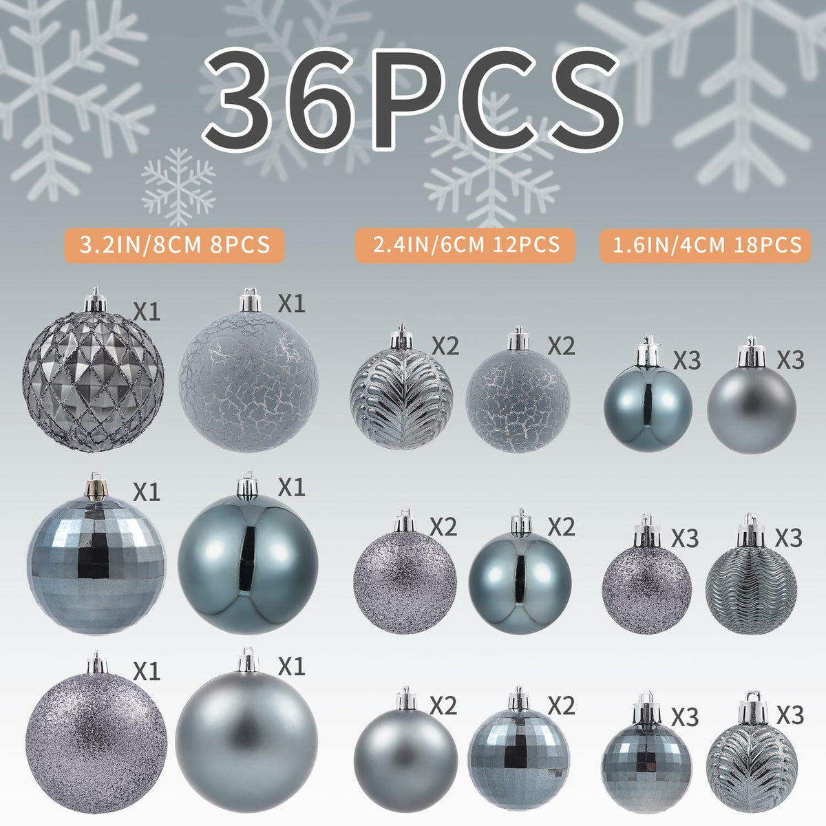 LANGXUN 36pcs Grey Christmas Tree Decorations Balls Shatterproof Ornaments