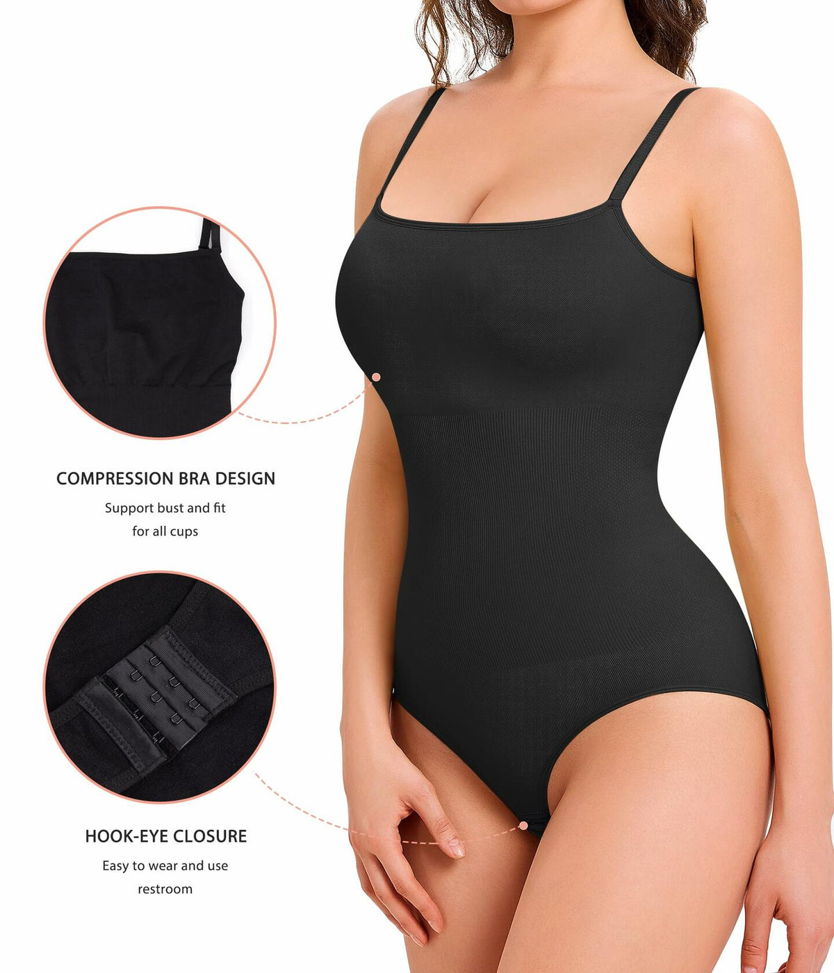 ZOPEUSI Thong Shapewear Bodysuit Tummy Control Seamless Square Neck Size L Black
