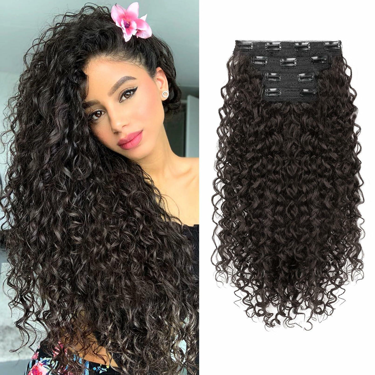 [Like New] FLUFYMOOZ 4PC 100% Protein Silk Hair Extensions 20in Curly Dark Chocolate Brown