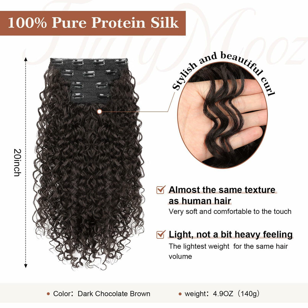[Like New] FLUFYMOOZ 4PC 100% Protein Silk Hair Extensions 20in Curly Dark Chocolate Brown