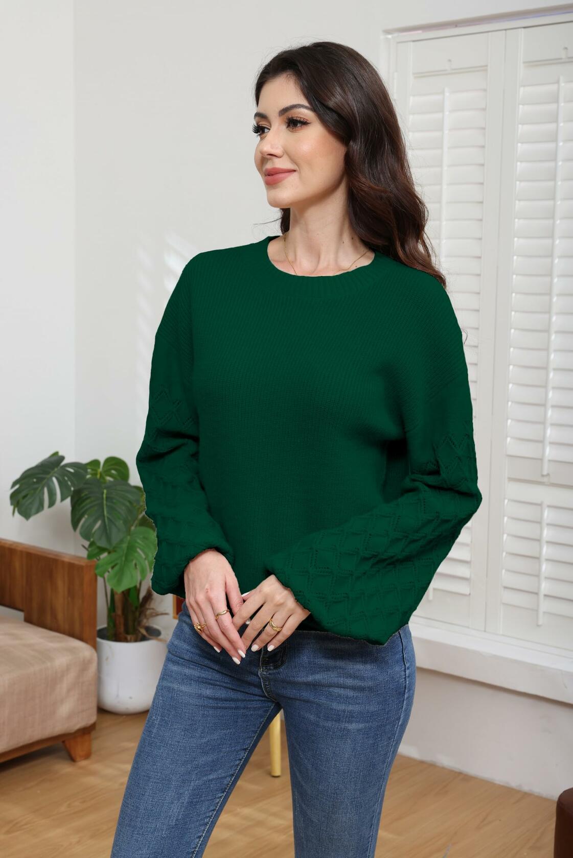 LISILONG Women's Long Sleeve Pullover Sweater Chunky Knit Green L