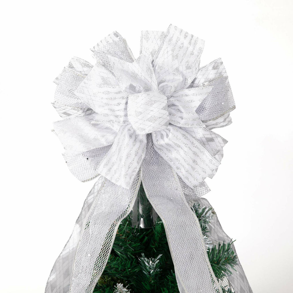 Handmade Christmas Tree Bow Topper Large Silver 27x12 Inches