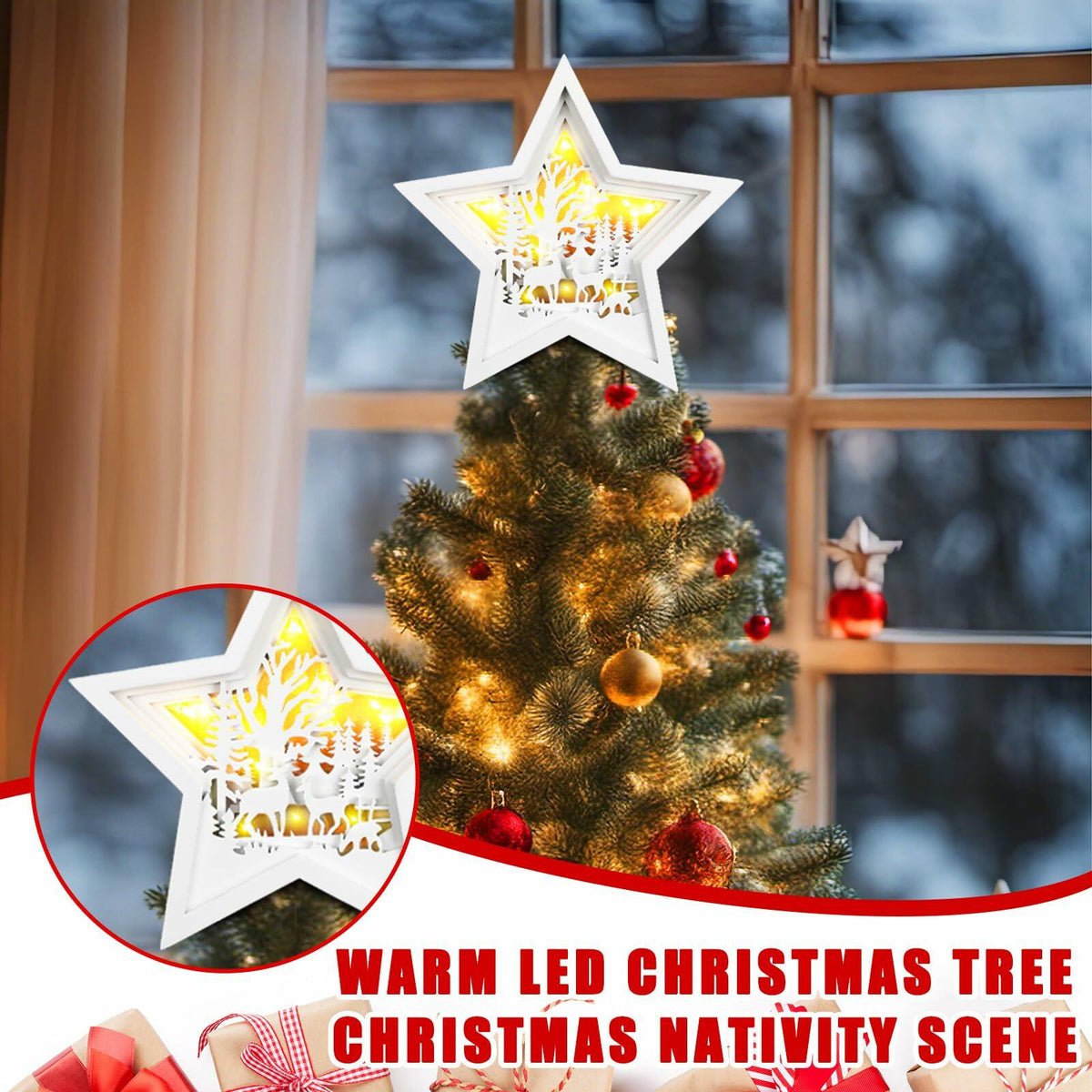 Rustic Wooden Christmas Reindeer Tree Topper Lighted Star 11x11 Inch