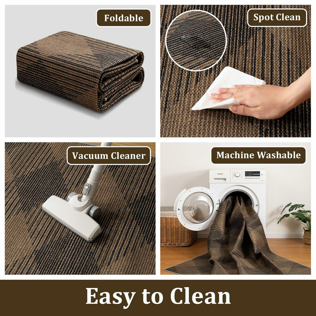 YIHOUSE Checkered Jute Rug 8x10 Brown Black Non Slip Indoor Outdoor