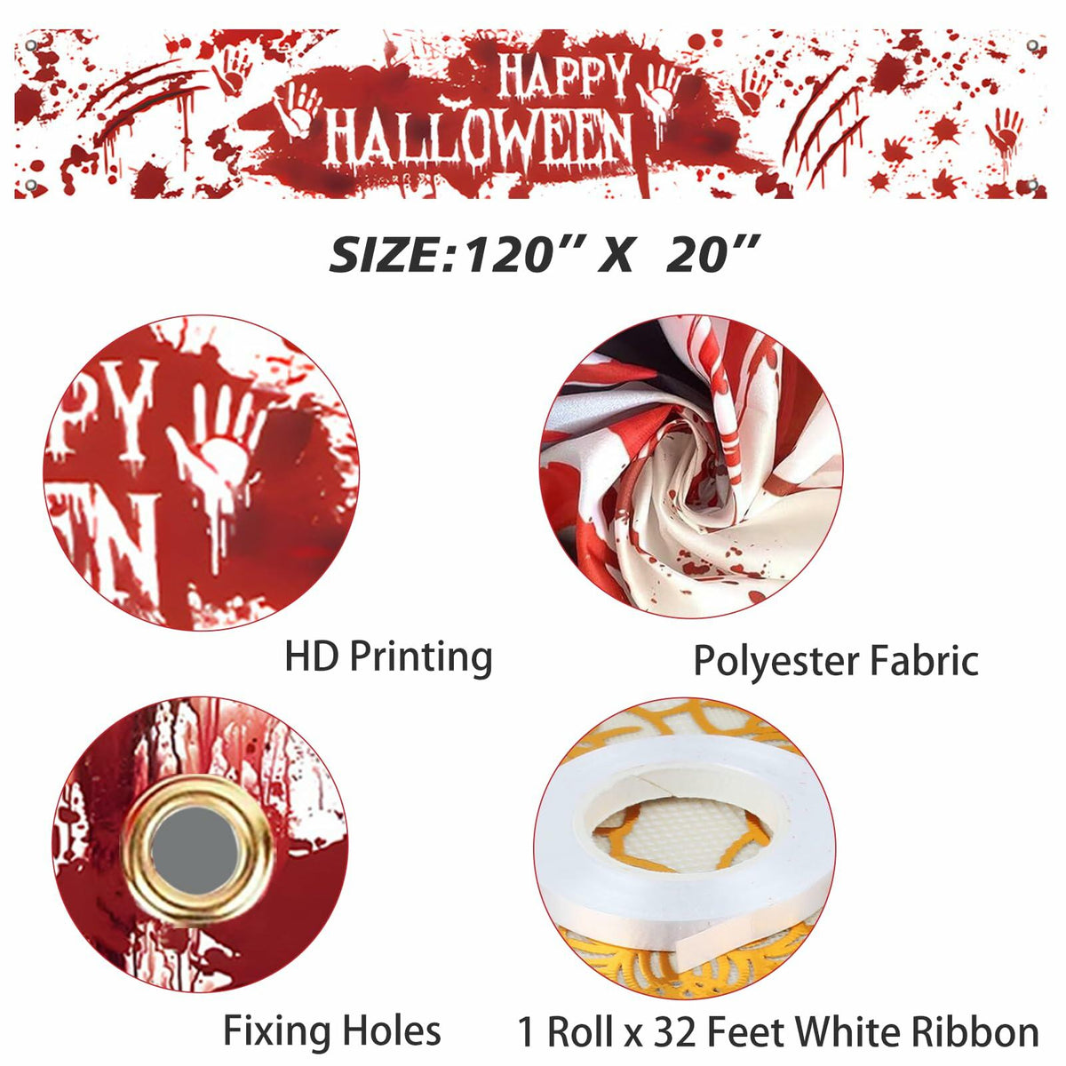 DENNSHH Happy Halloween Outdoor Banner 120x20 White Polyester Yard Sign