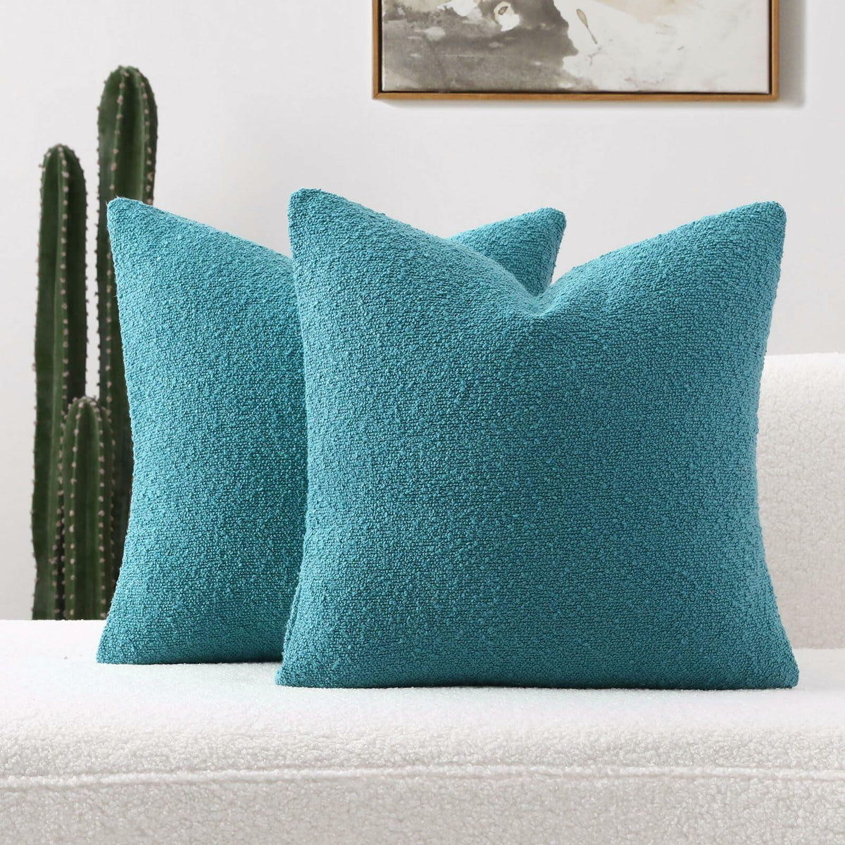 FUTEI Teal Blue Throw Pillow Covers 16x16 Inch Pack of 2 Cozy Boucle