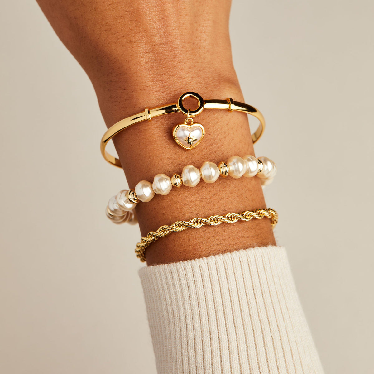 Pearl Heart + Crystal Charm Clip Bangle