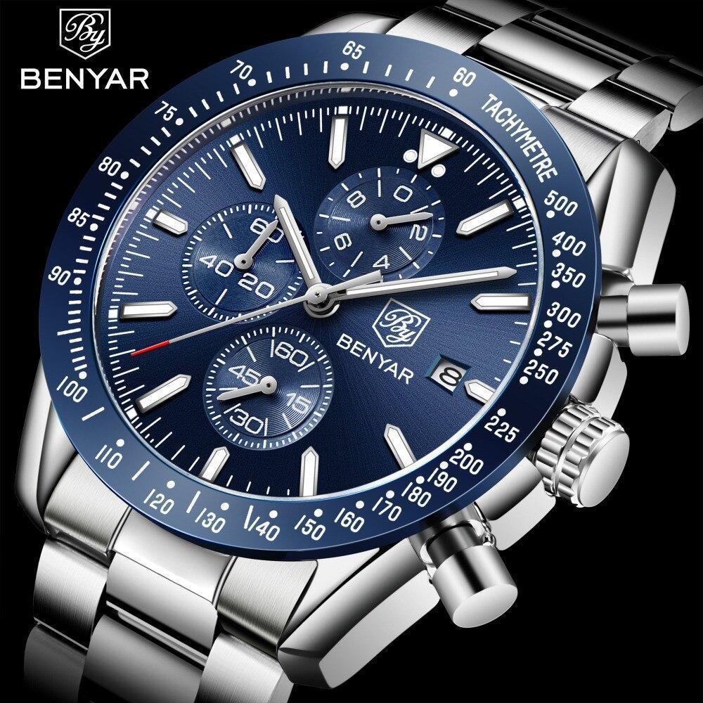 New Men Silver Blue Watch Business Analog Chronogragh Full Steel Luxury Casual Male Waterproof Sports Design Watches