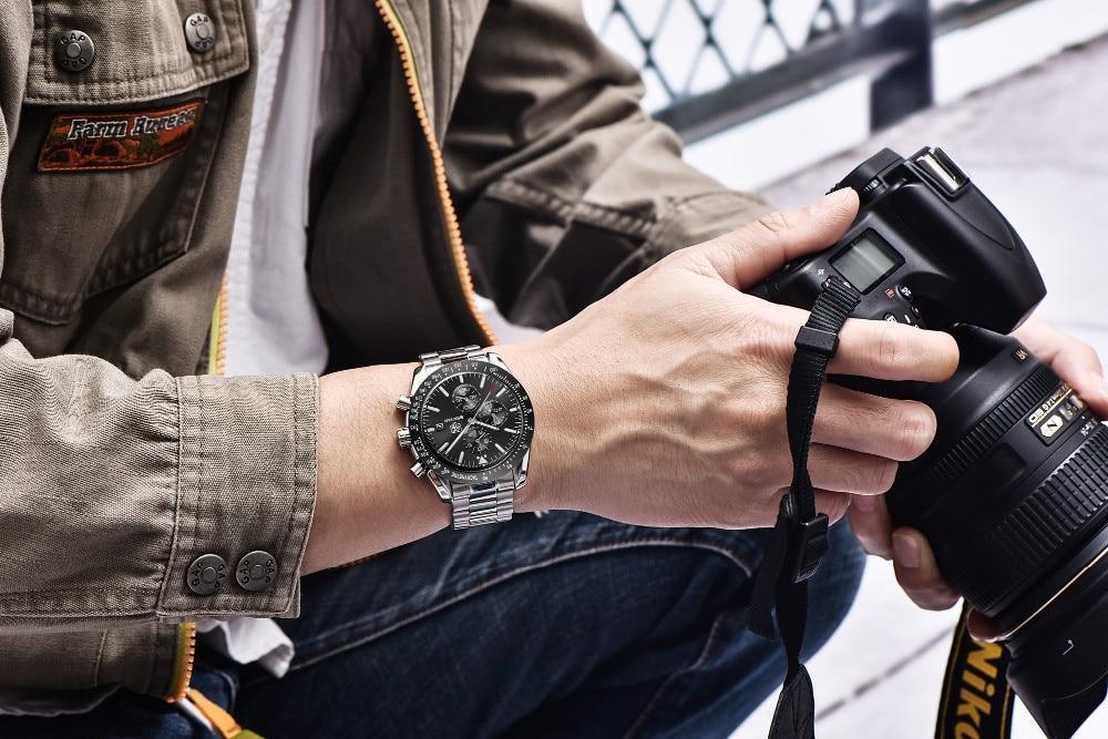 New Men Silver Blue Watch Business Analog Chronogragh Full Steel Luxury Casual Male Waterproof Sports Design Watches