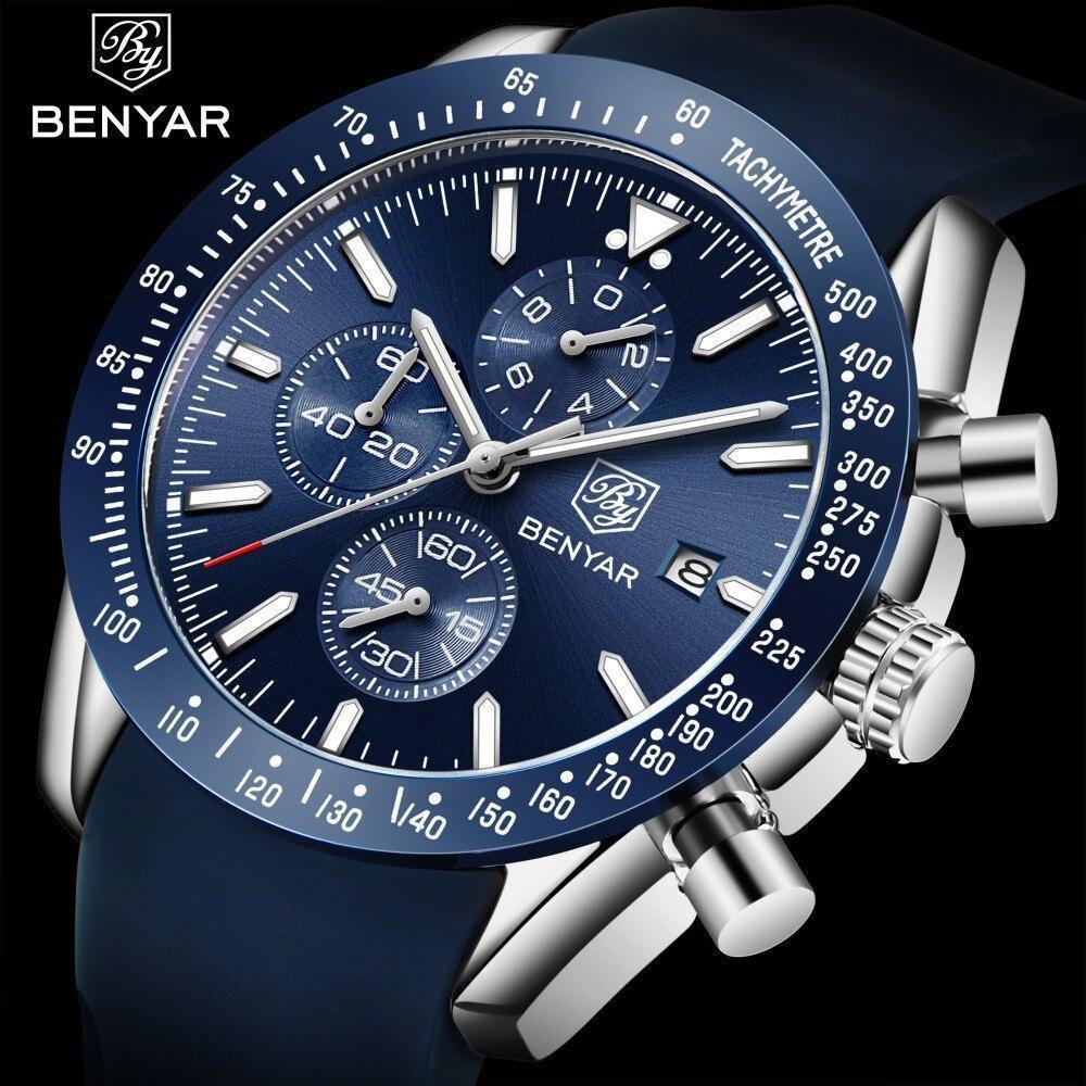 New Men Silver Blue Watch Business Analog Chronogragh Full Steel Luxury Casual Male Waterproof Sports Design Watches