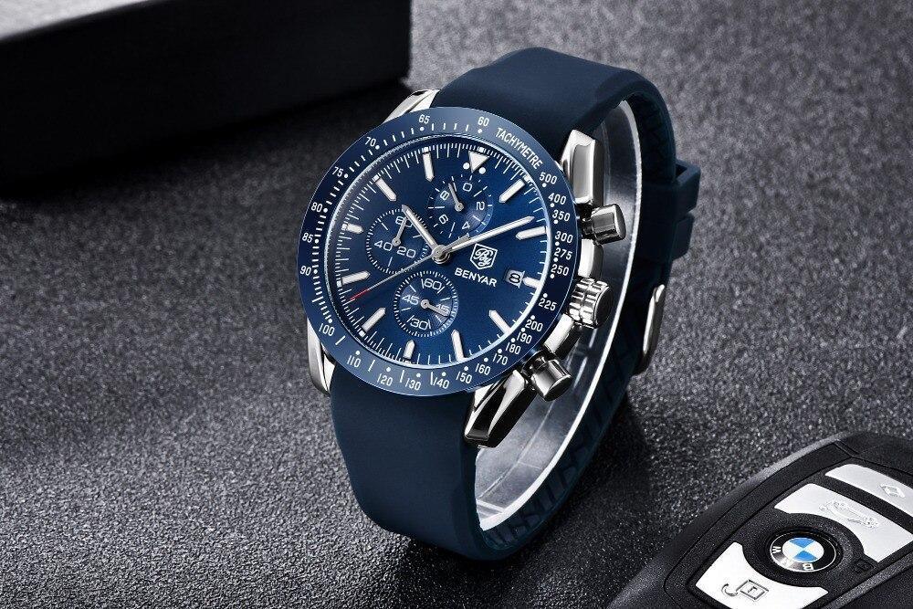 New Men Silver Blue Watch Business Analog Chronogragh Full Steel Luxury Casual Male Waterproof Sports Design Watches