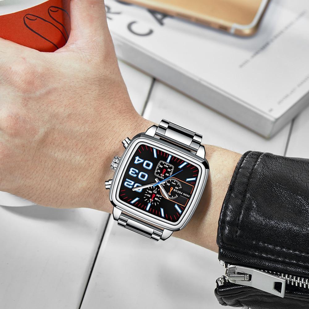 Elegant Business Square Mens Watch Multifunctional Waterproof Stainless Steel Design Big Wrist Watch