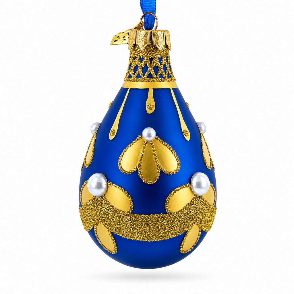 Gold Pattern on Blue Waterdrop Finial Glass Christmas Ornament