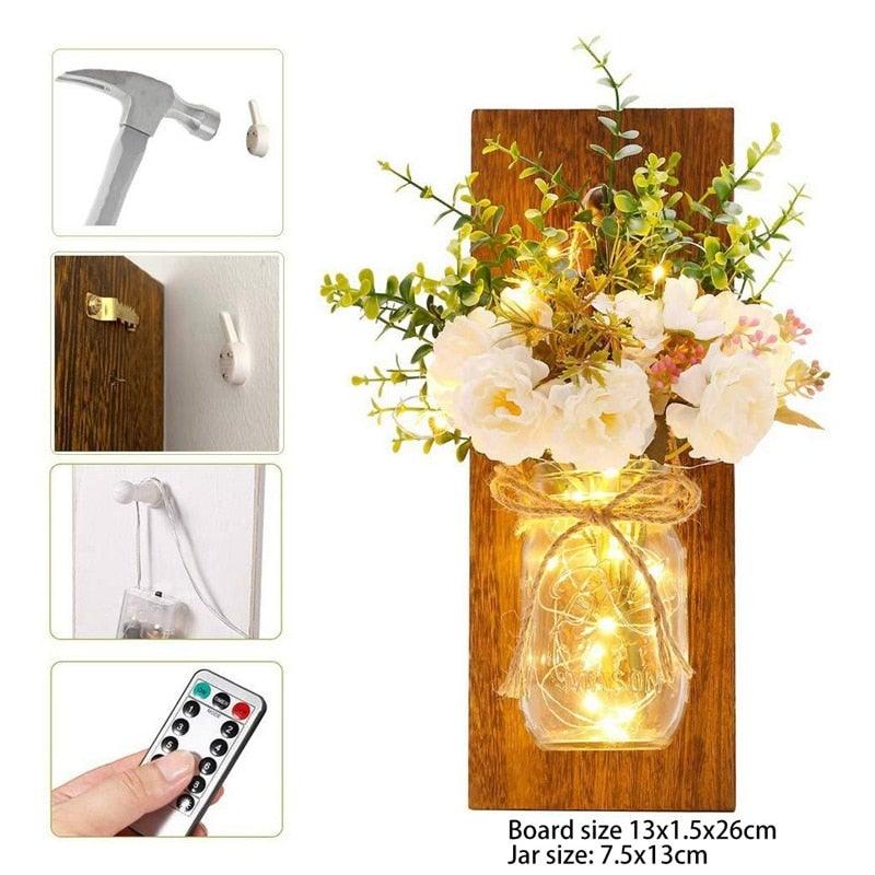 Rustic Wall Sconces Flower Lamp Mason Jar Sconce Handmade Wall Art Hanging Home Decoration 2 Set with LED Fairy Lights Decorative  Peony Flower