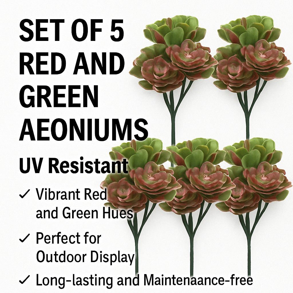 Red and Green Aeoniums Succulent Artificial Topiary Set of 5 11.8in – UV Resistant