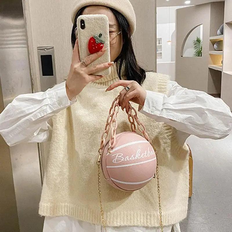 Stunning Ball Purses For Teenagers And Women Stylish Shoulder Bags, Crossbody Chain Hand Bags Personalit Leather Pink Basketball Bag For Females