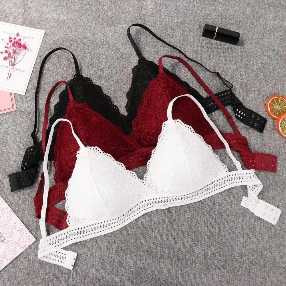 Stunning Women's French Style Lace Bra Girls Triangle Cup Lingerie With Deep V Wireless Underwear Soft Thin Seamless Bra