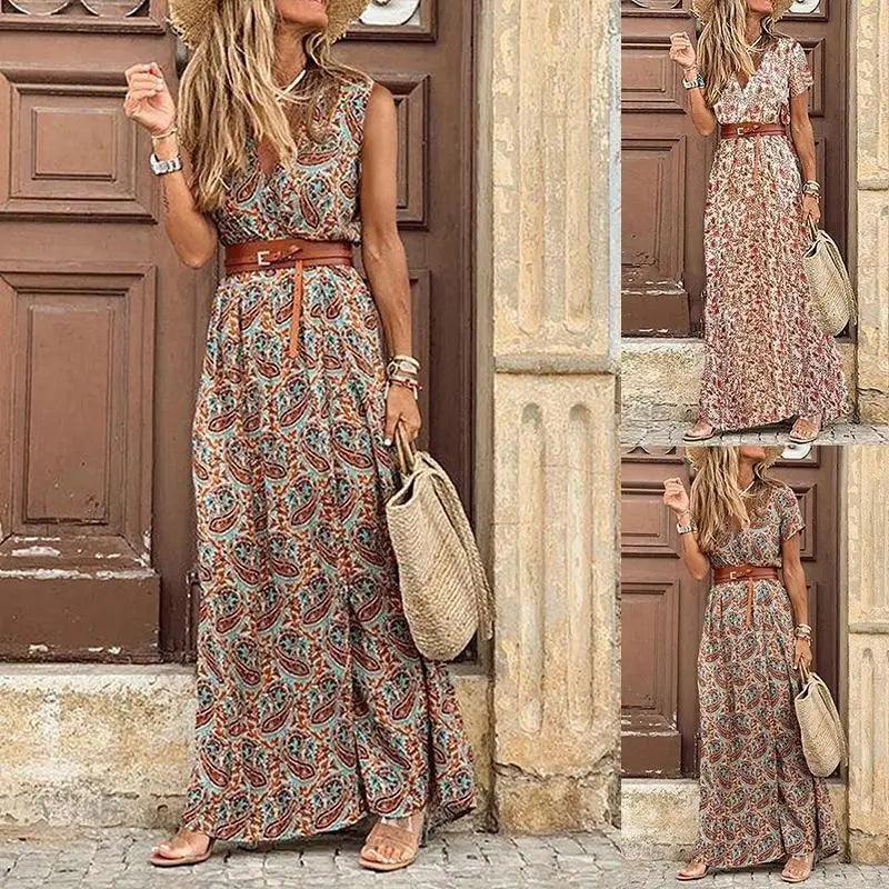 Summer Beach Stylish Womens Dress Long Casual V-Neck Party Comfort Fashion Women Dress
