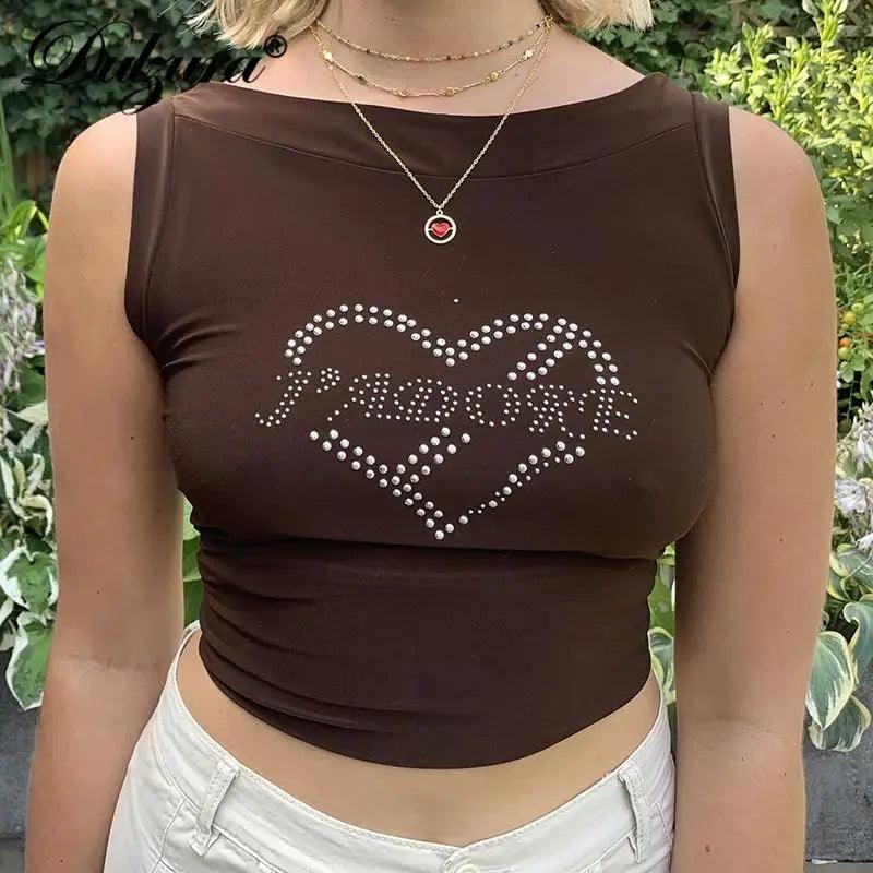 Summer casual cute Heart-Shape Rhinestone O Neck Tank Crop Top Sexy cute women's fashion tops