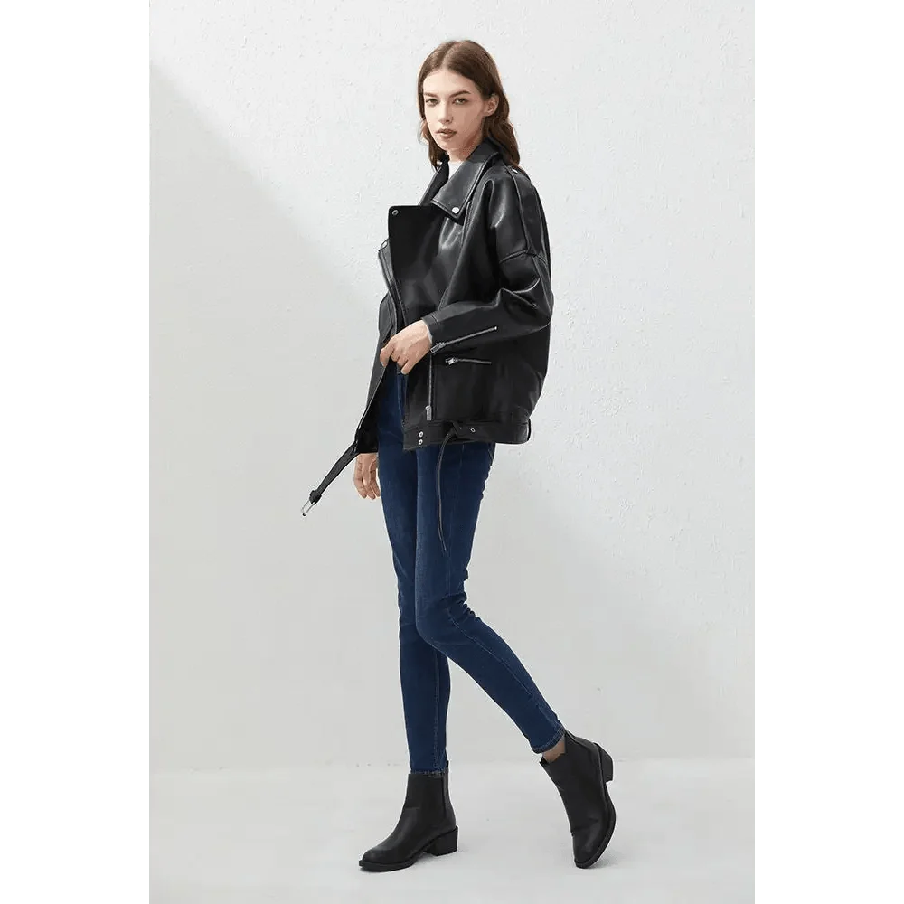 PU Faux Leather Jacket Women Loose Sashes Casual Biker Jackets Outwear Female Tops BF Style Black Leather Jacket Coat