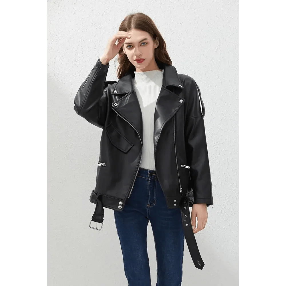 PU Faux Leather Jacket Women Loose Sashes Casual Biker Jackets Outwear Female Tops BF Style Black Leather Jacket Coat
