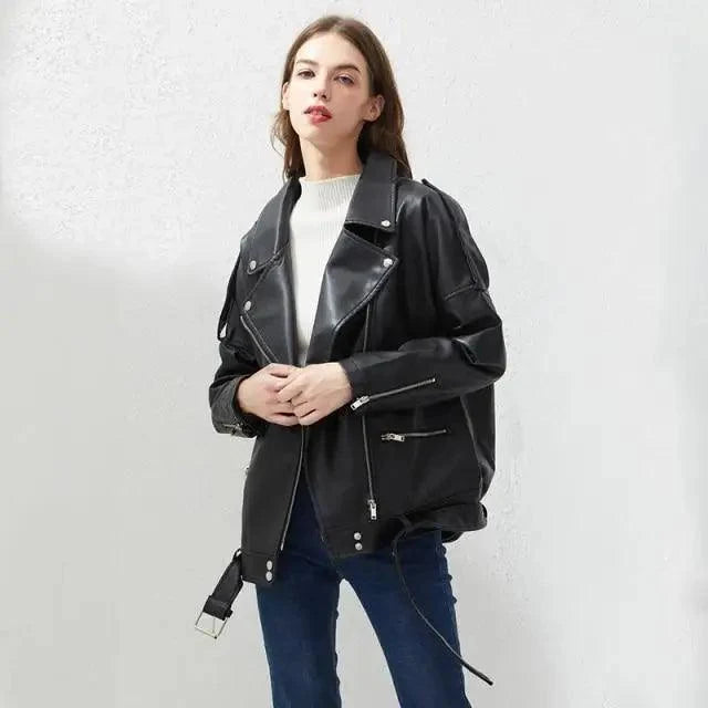 PU Faux Leather Jacket Women Loose Sashes Casual Biker Jackets Outwear Female Tops BF Style Black Leather Jacket Coat