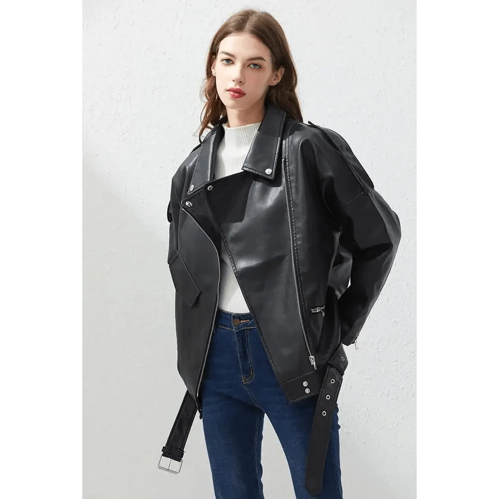 PU Faux Leather Jacket Women Loose Sashes Casual Biker Jackets Outwear Female Tops BF Style Black Leather Jacket Coat