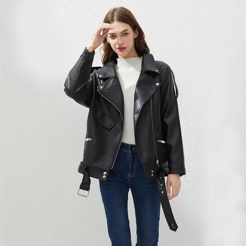 PU Faux Leather Jacket Women Loose Sashes Casual Biker Jackets Outwear Female Tops BF Style Black Leather Jacket Coat
