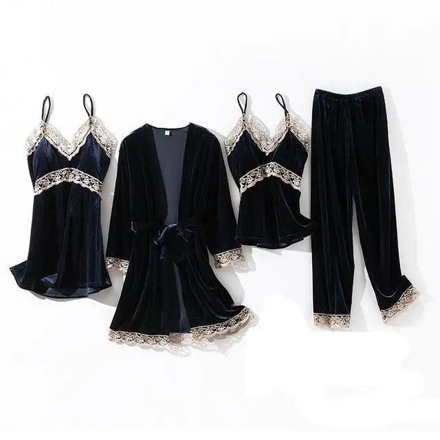 Trendy New Four Pieces Warm Winter Pajamas Sets Women Stylish Lace Robe Pajama Sleepwear Suit Sleeveless Nightwear Women's Sleepwear Set 4-Piece Women's Pajamas Elegant Comfortable Loungewear Satin Sleepwear with Robe Nightgown Pants