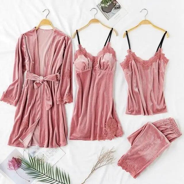 Trendy New Four Pieces Warm Winter Pajamas Sets Women Stylish Lace Robe Pajama Sleepwear Suit Sleeveless Nightwear Women's Sleepwear Set 4-Piece Women's Pajamas Elegant Comfortable Loungewear Satin Sleepwear with Robe Nightgown Pants