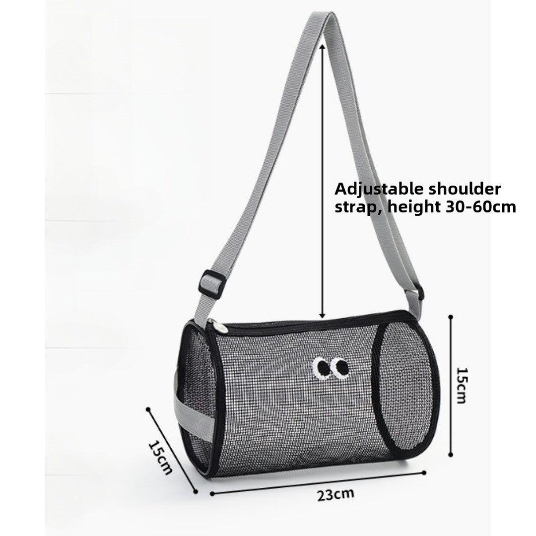 Big eye mesh cylinder bag, breathable leisure travel crossbody bag mesh, portable crossbody beach bag, swimming wash storage bag