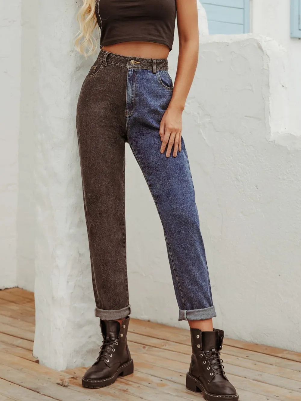 Two Tone Straight Leg Jeans