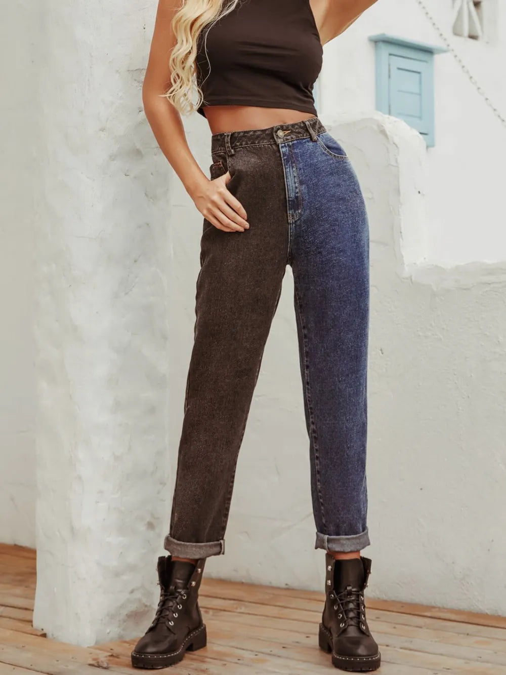 Two Tone Straight Leg Jeans