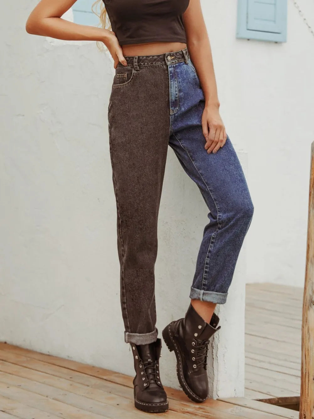 Two Tone Straight Leg Jeans