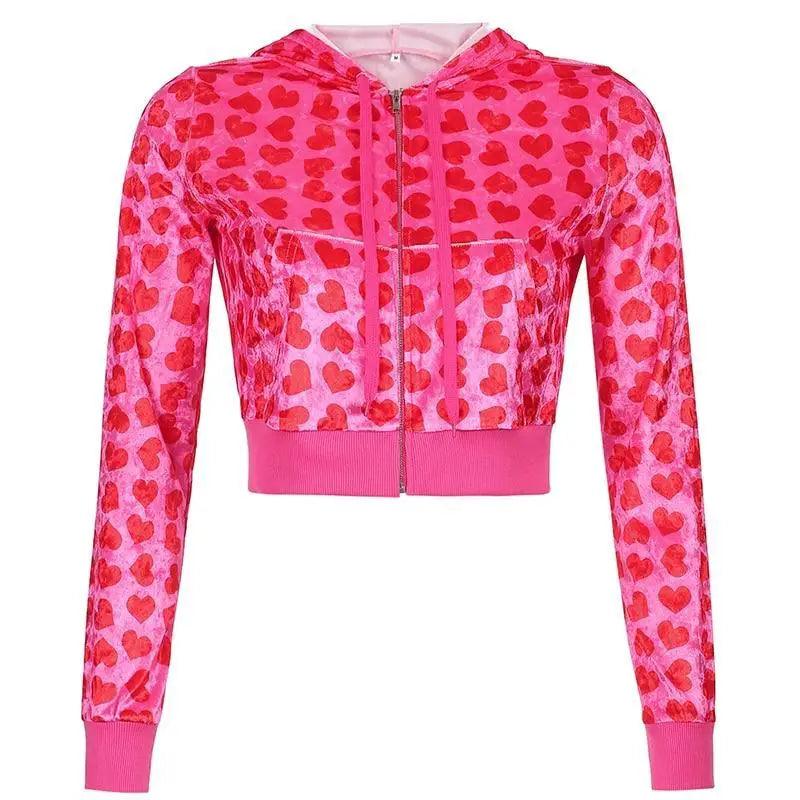 Unique Design Velvet Heart Print Cropped Top Bomber Jacket For Women Autumn Cute Pink Long Sleeve Coats Zipper Winter Overcoat