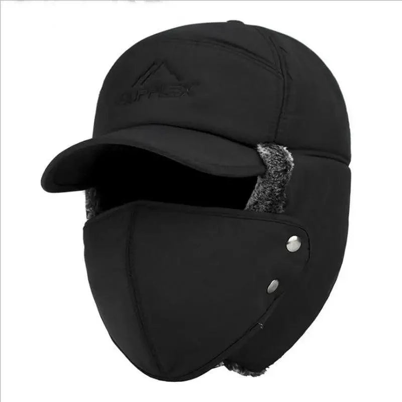 Winter Thermal Black Hat Fashion Ear Protection Face Windproof Adjustable Ski Cap Thicken Outdoor Hat