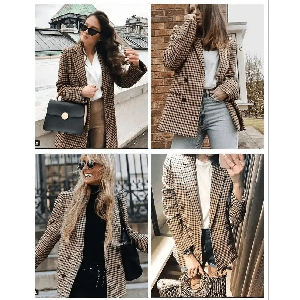 Women's Fashionable Office Wear Double Breasted Plaid Blazer Coat Vintage Long Sleeve Pockets Female Outerwear Chic Tops
