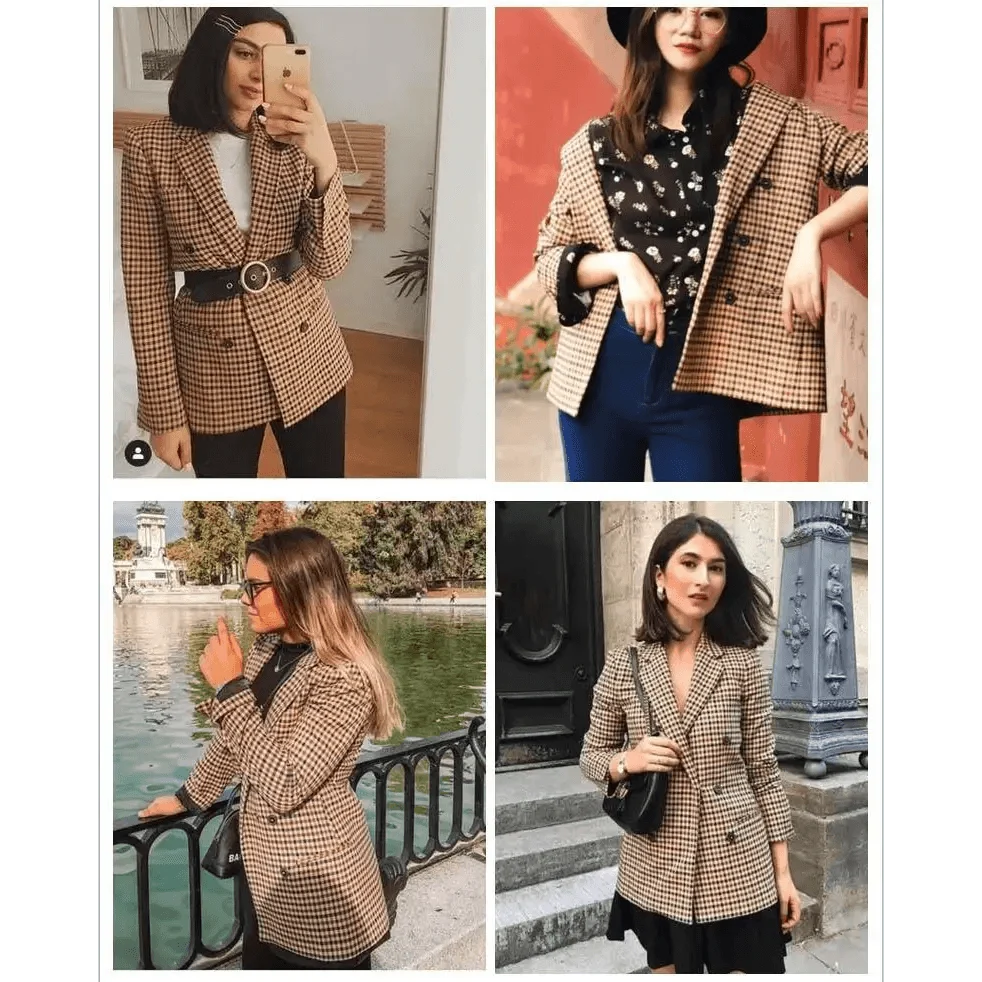 Women's Fashionable Office Wear Double Breasted Plaid Blazer Coat Vintage Long Sleeve Pockets Female Outerwear Chic Tops